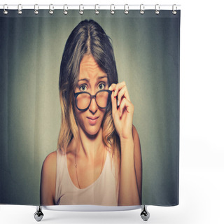 Personality  Confused Skeptical Woman Thinking Looking At You With Disapproval  Shower Curtains