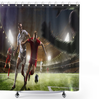 Personality  Soccer Players In Action On Sunset Stadium Background Panorama Shower Curtains