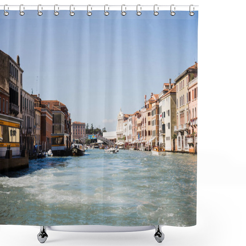 Personality  VENICE, ITALY - SEPTEMBER 24, 2019: Motor Boats Floating On Grand Canal In Venice, Italy  Shower Curtains