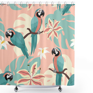 Personality  Tropical Pattern With Parrots And Tropical Leaves. Vector Seamless Texture. Trendy Illustration. Shower Curtains