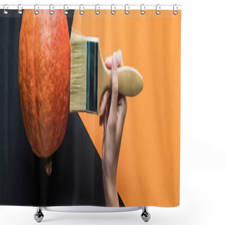 Personality  Panoramic Shot Of Woman Holding Paintbrush Near Pumpkin On Black And Orange Background Shower Curtains