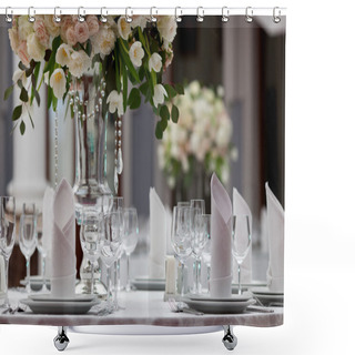 Personality  Table Setting At A Luxury Wedding Reception Shower Curtains