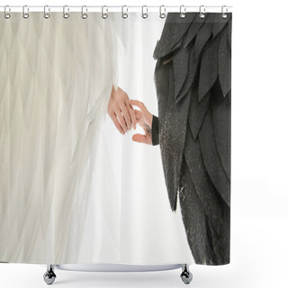 Personality  Cropped View Of Angel And Demon With Black And Light Wings Holding Hands On White Shower Curtains