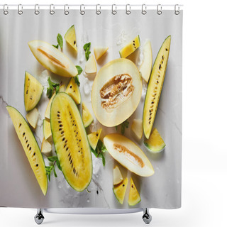 Personality  Top View Of Cut Delicious Exotic Yellow Watermelon And Melon With Ice And Mint On Marble Surface Shower Curtains