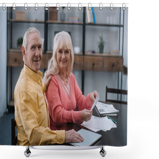 Personality  Happy Senior Couple Looking At Camera While Sitting At Table With Documents Shower Curtains