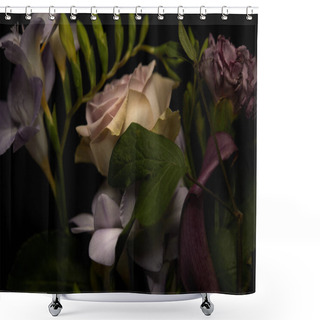 Personality  Close Up View Of Rose, Freesia And Clove Flowers Isolated On Black Shower Curtains