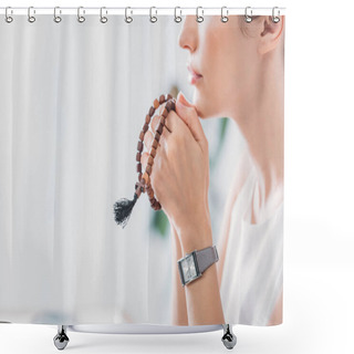 Personality  Cropped View Of Woman Praying With Wooden Rosary Beads Shower Curtains