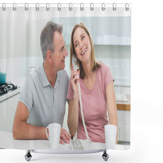 Personality  Happy Couple Using Landline Phone In Kitchen Shower Curtains