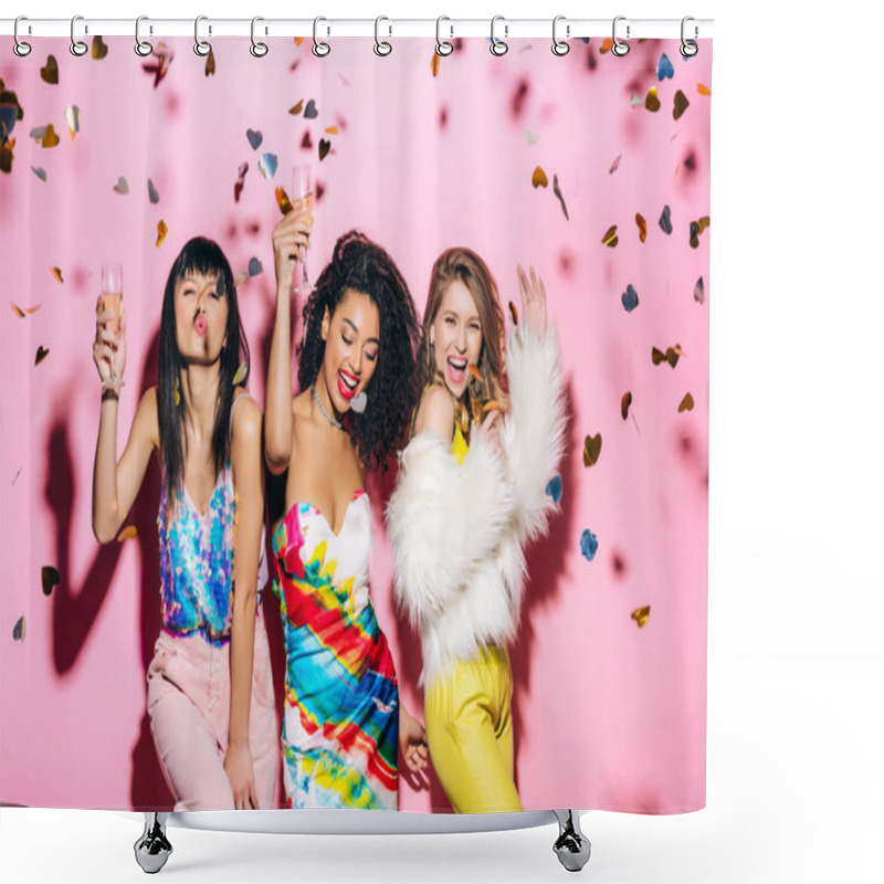 Personality  Excited Multicultural Girls Having Fun With Glasses Of Champagne On Pink With Confetti Shower Curtains