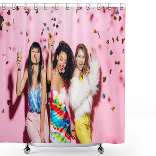 Personality  Excited Multicultural Girls Having Fun With Glasses Of Champagne On Pink With Confetti Shower Curtains