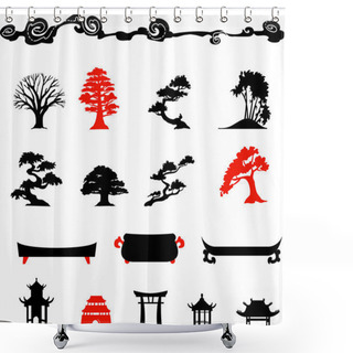 Personality  Set Of Chines Bonsai Trees Isolated On White Background Shower Curtains