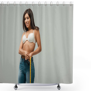 Personality  Smiling And Overweight African American Girl In Jeans And Bra Holding Measuring Tape Isolated On Grey Shower Curtains