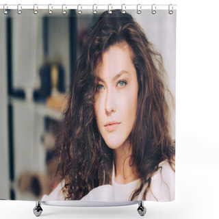 Personality  Close Up Portrait Of Beautiful Curly Woman Looking At Camera  Shower Curtains