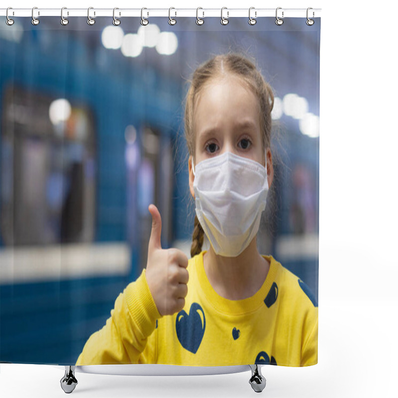Personality  Glad And Happy Beautiful Joy Child In The Medical Helthcare Guarding Or Protecting Mask And In Yellow T-shirt In The Tube, Subway Or Underground Hall Shower Curtains