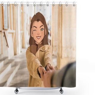 Personality  Selective Focus Of Girl With Illustrated Smiling Face Holding Hand Of Man In City Shower Curtains