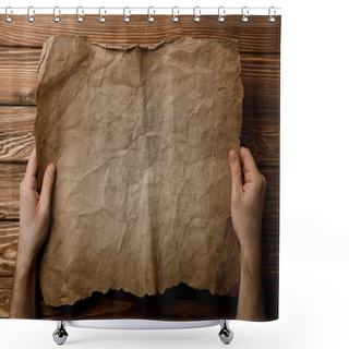 Personality  Cropped View Of Man Holding Old Parchment Sheet In Hands  Shower Curtains