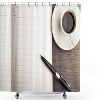Personality  Open A Blank White Notebook, Pen And Coffee On The Desk Shower Curtains