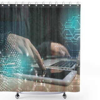 Personality  Cropped Shot Of Male Hacker Using Laptop And Tablet, Cyber Security Concept Shower Curtains