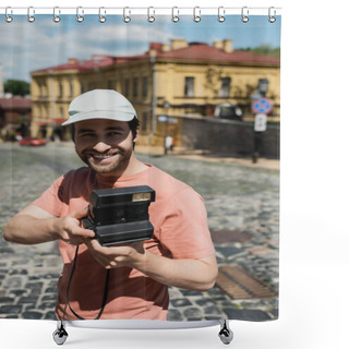 Personality  Cheerful Bearded Traveler In Sun Hat Holding Vintage Camera On Andrews Descent In Kyiv, Ukraine Shower Curtains