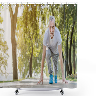 Personality  Cheerful Senior Man Starting To Jogging In Park. Healthy Lifestyle Concept Shower Curtains