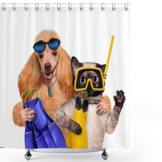 Personality  Dog With Cat Diver. Shower Curtains