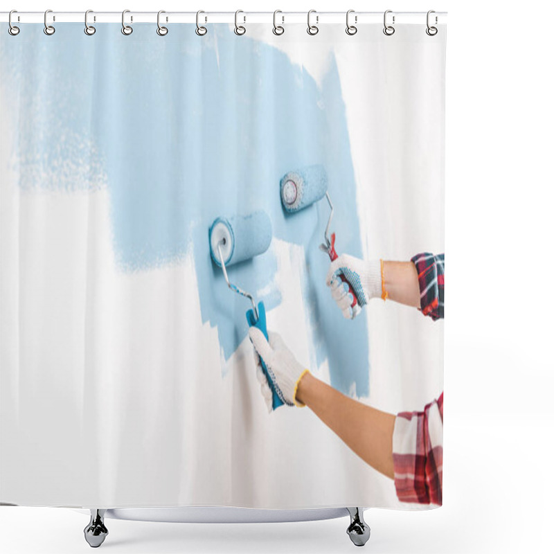 Personality  Cropped View Of Man And Woman Painting Wall In Blue Color At Home Shower Curtains