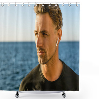 Personality  Close-up Portrait Of Handsome Adult Man With Wireless Earphones On Seashore Looking Away Shower Curtains
