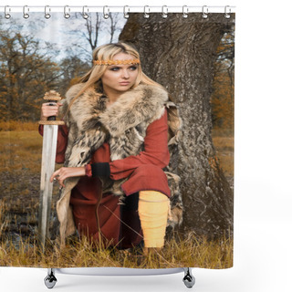 Personality  Viking Girl On A Blue Sky Background Shower Curtains