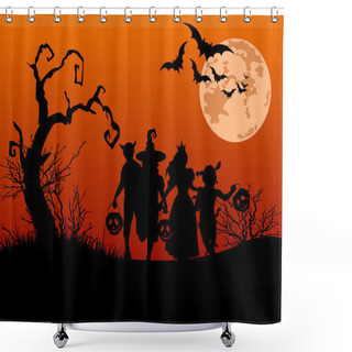 Personality  Halloween Background With Silhouettes Of Trick Or Treating Child Shower Curtains