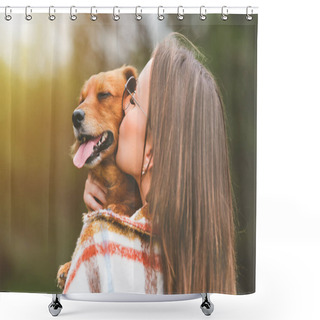 Personality  Woman Kissing Dog. Dog And Owner Together Outdoors. Love For Animals Shower Curtains