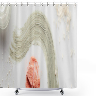 Personality  Top View Of Container With Cosmetic Cream And Clay Brushstrokes With Blusher And Sea Salt On Grey Background, Panoramic Shot Shower Curtains