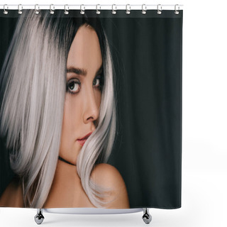 Personality  Beautiful Fashionable Girl Posing In Grey Wig, Isolated On Black Shower Curtains