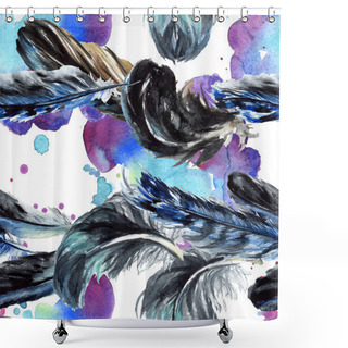 Personality  Blue And Black Bird Feathers From Wing. Watercolor Background Illustration Set. Seamless Background Pattern. Shower Curtains