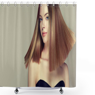 Personality  Beautiful Model Girl With Shiny Brown And Straight Long Hair . Keratin Straightening . Treatment, Care And Spa Procedures. Medium Length Hairstyle. Coloring, Ombre, Shatush, Balage And Highlighting Shower Curtains