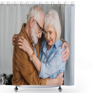 Personality  Happy Senior Couple With Closed Eyes Hugging Indoors Shower Curtains