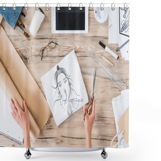 Personality  Cropped Image Of Female Fashion Designer With Scissors Sitting At Table With Paintings And Digital Tablet  Shower Curtains