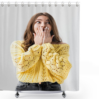 Personality  Shocked Girl Covering Mouth With Hands And Looking Away Isolated On Grey Shower Curtains