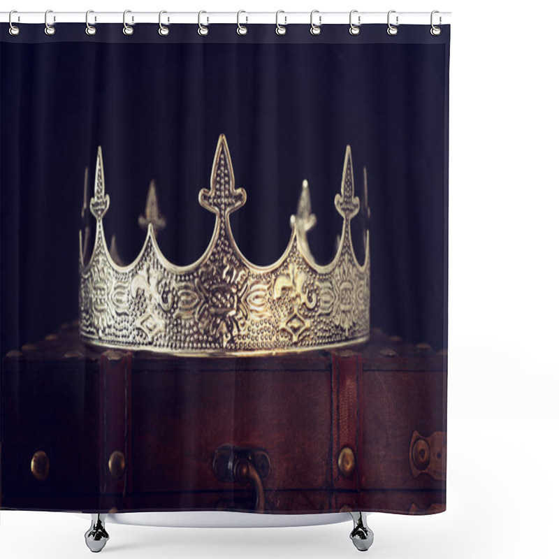 Personality  low key image of beautiful queen/king crown over wooden table. vintage filtered. fantasy medieval period shower curtains