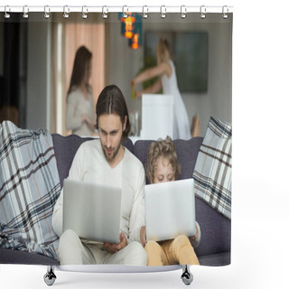 Personality  Father And Son Using Laptops Sitting On Sofa At Home Shower Curtains