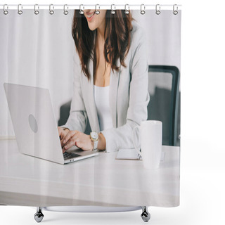 Personality  Partial View Of Smiling Secretary Using Laptop While Sitting At Workplace In Office Shower Curtains