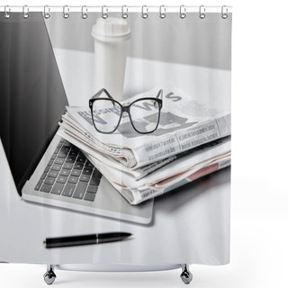 Personality  Selective Focus Of Laptop With Blank Screen Near Business Newspapers,glasses, Pen And Paper Cup On White  Shower Curtains