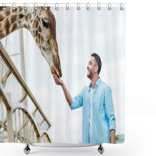 Personality  Selective Focus Of Cheerful Man Feeding Giraffe In Zoo  Shower Curtains