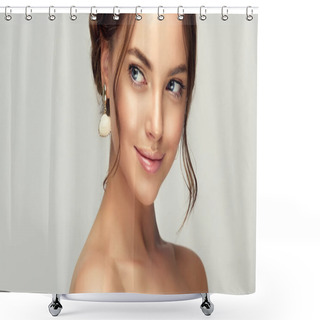 Personality  Beautiful Woman With Clean Skin On Her Face. Girl Model With Braided Braid Around Her Head. Hairstyle In The Trend. Beauty, Cosmetics And Cosmetology. Fashion Earrings As Accessories Shower Curtains