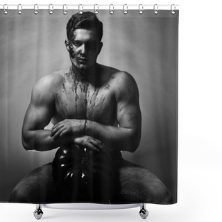 Personality  Man With Serious Face And Naked Torso On Green Background. Shower Curtains