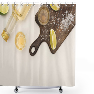 Personality  Top View Of Golden Tequila With Lime, Salt On Wooden Cutting Board On White Marble Surface Shower Curtains