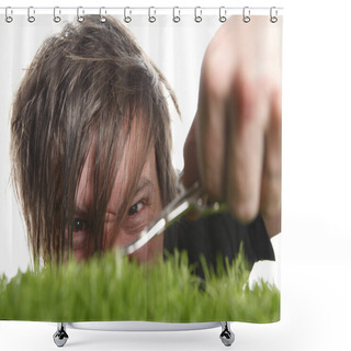 Personality  Young Man Cuts English Lawn  Shower Curtains