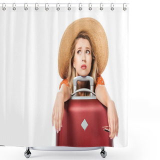 Personality  Exhausted Beautiful Leaning On Travel Bag And Looking Up Isolated On White Shower Curtains