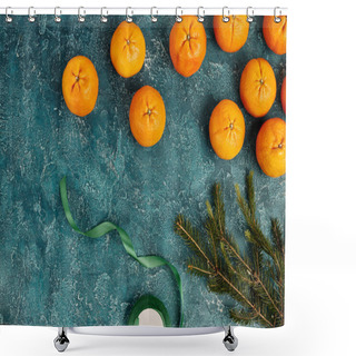 Personality  Fresh Mandarins Next To Pine Branch And Decorative Ribbon On Blue Textured Backdrop, Christmas Shower Curtains