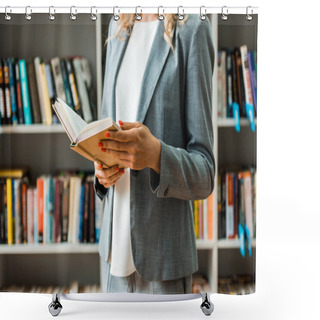 Personality  Cropped View Of Woman Holding Book And Standing In Library  Shower Curtains