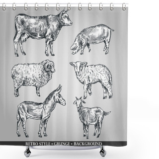 Personality  Set Of Domestic Animals Cow, Sheep, Pig, Goat, Donkey. Vector Illustration Shower Curtains